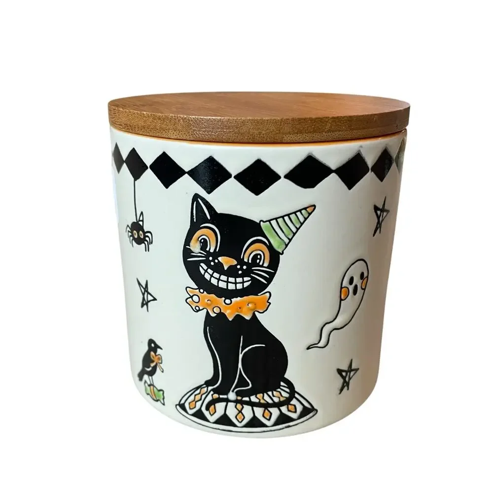 Eli + Ana Ceramic Black Cat Creep Show Canister Wood Lid Halloween 4x4